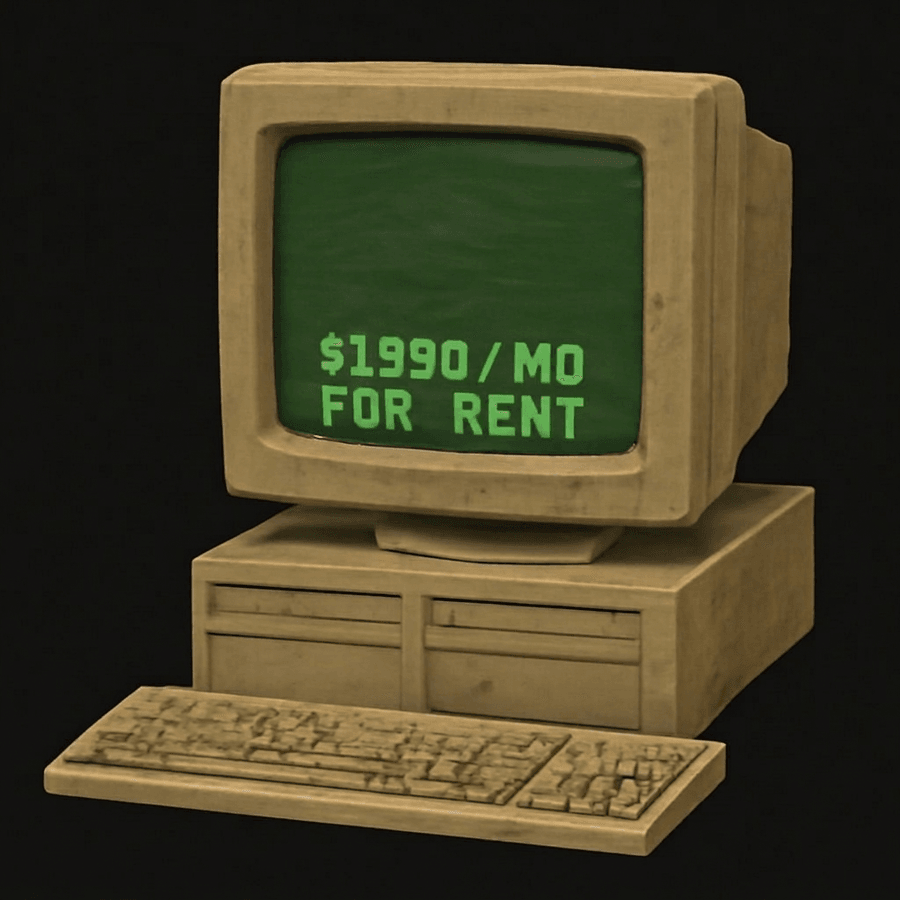 a beige nineteen-nineties computer terminal showing a rent listing on its green screen